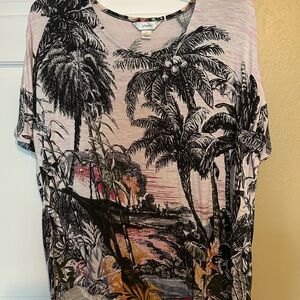 CJ Banks Black and White Palm Print Top